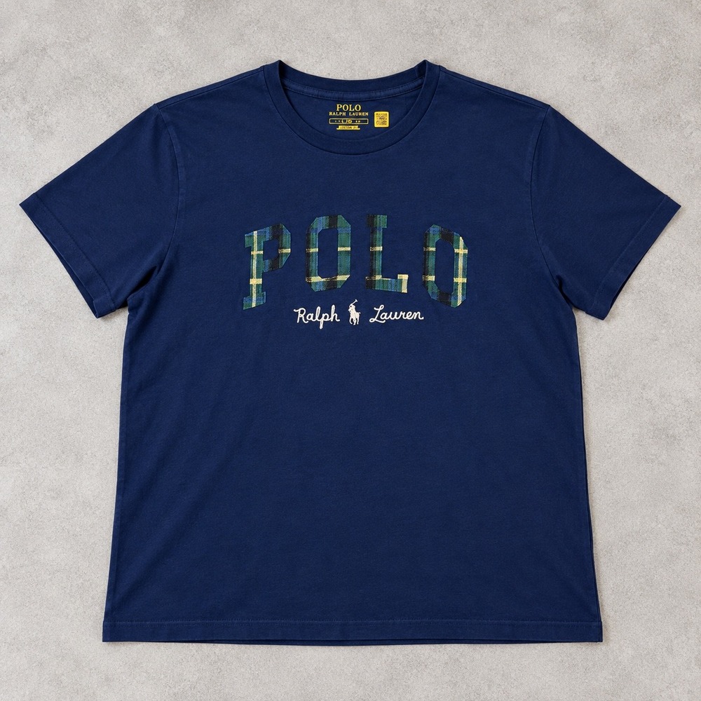 Polo Ralph Lauren Navy Blue Plaid Logo T-Shirt XXL Mens Short Sleeve Tee